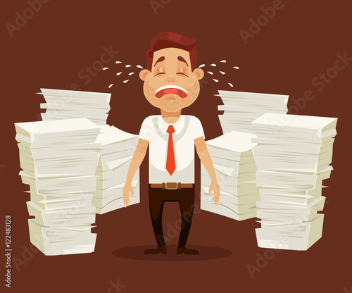 Busy man character cry tears and scream. Vector flat cartoon illustration