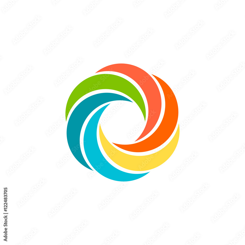 Isolated abstract colorful circular sun logo. Round shape rainbow logotype. Swirl, tornado and hurricane icon. Spining hypnotic spiral sign. Photo lens symbol. Vector illustration. Isolated abstract colorful circular sun logo. Round shape rainbow logotype. Swirl, tornado and hurricane icon. Spining hypnotic spiral sign. Photo lens symbol. Vector illustration.