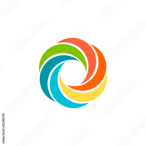Isolated abstract colorful circular sun logo. Round shape rainbow logotype. Swirl, tornado and hurricane icon. Spining hypnotic spiral sign. Photo lens symbol. Vector illustration.