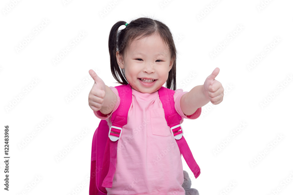 Little asian girl with backpack showing thumbs up and smiles Little asian girl with backpack showing thumbs up and smiles