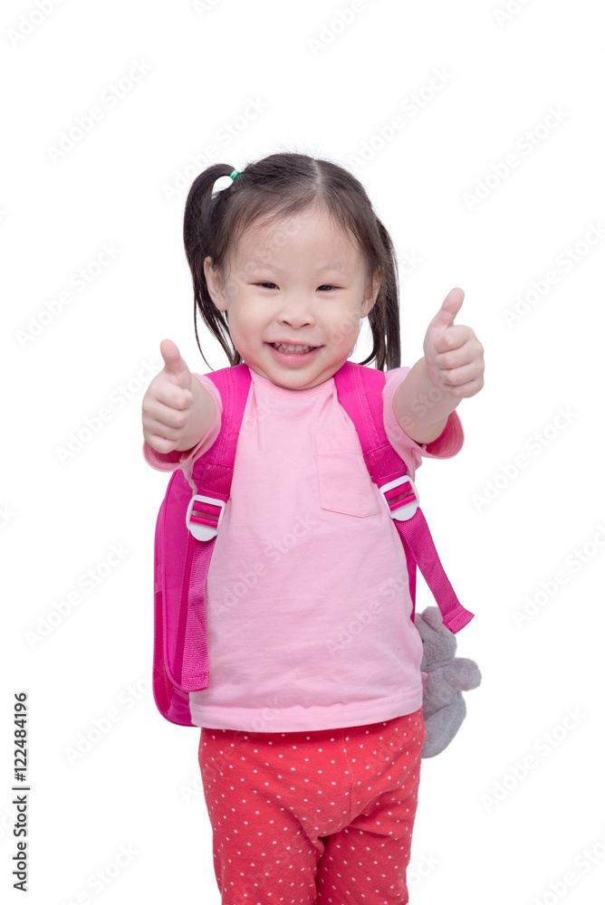 Little asian girl with backpack showing thumbs up and smiles Little asian girl with backpack showing thumbs up and smiles