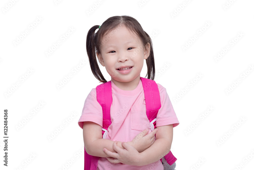 Little asian girl with backpack isolated over white Little asian girl with backpack isolated over white
