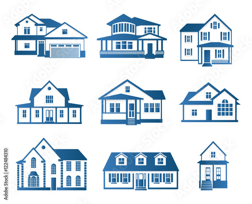 Isolated abstract blue color house contour logo set. Real estate building logotype collection. Purchase property business icon. Apartment rent company emblem. Vector  illustration.