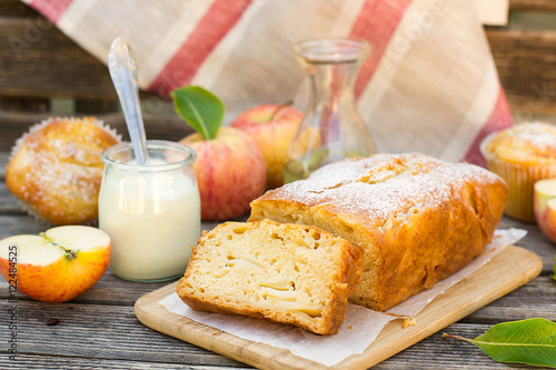 Yoghurt cake with olive oil and apples photo