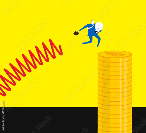 Bounce to height / A business man holds a bulb and bounces to height.