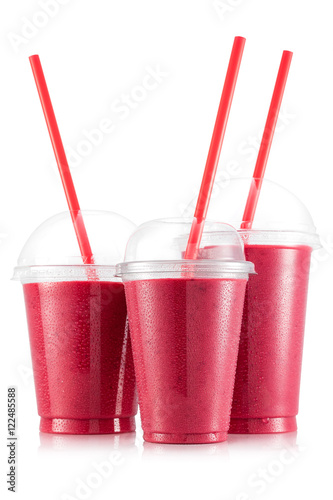 Raspberry and apple smoothie in three size of plastic cup