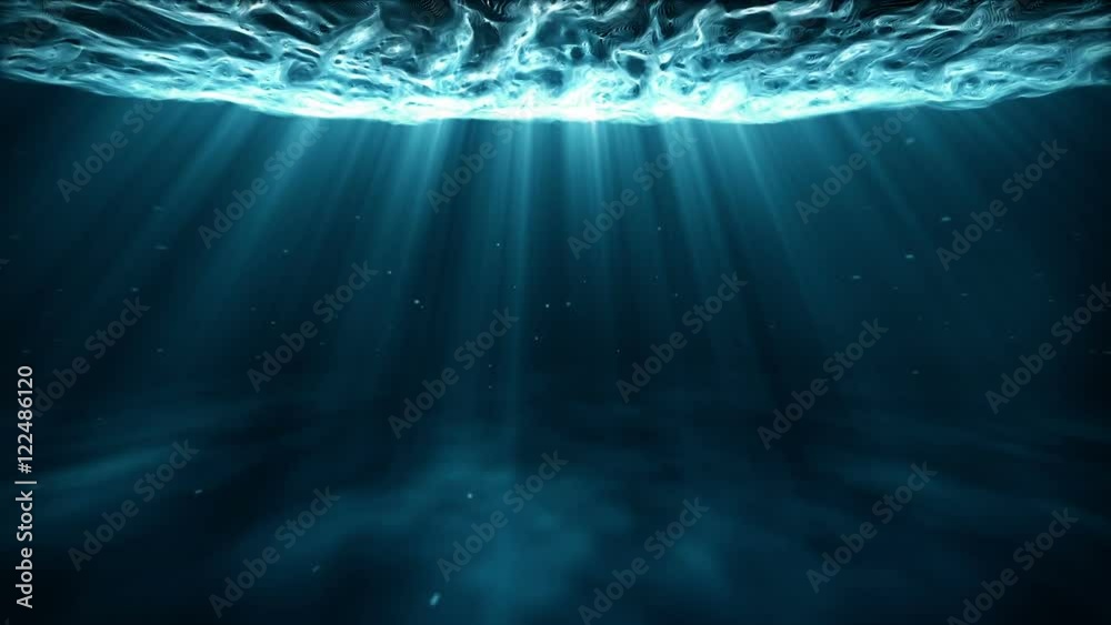 A 20 second loop of a surreal underwater scene moving forward with volumetric lighting and sea particles.