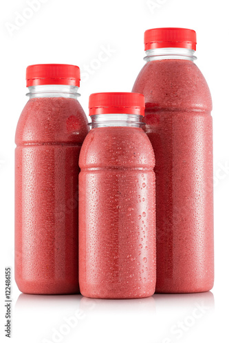 Strawberry smoothie in three size of bottle