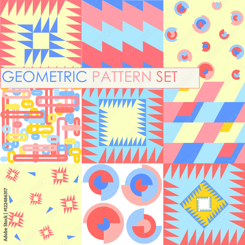 Seamless geometric patterns. Flat red, blue, yellow texture