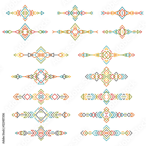 Colorful ethnic borders set isolated on white background. Collection of boho tribal elements. Line style art. Vector illustration.