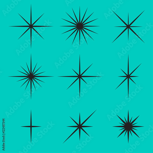 Vector set of sparkle lights stars. Stars with rays, explosion, fireworks.