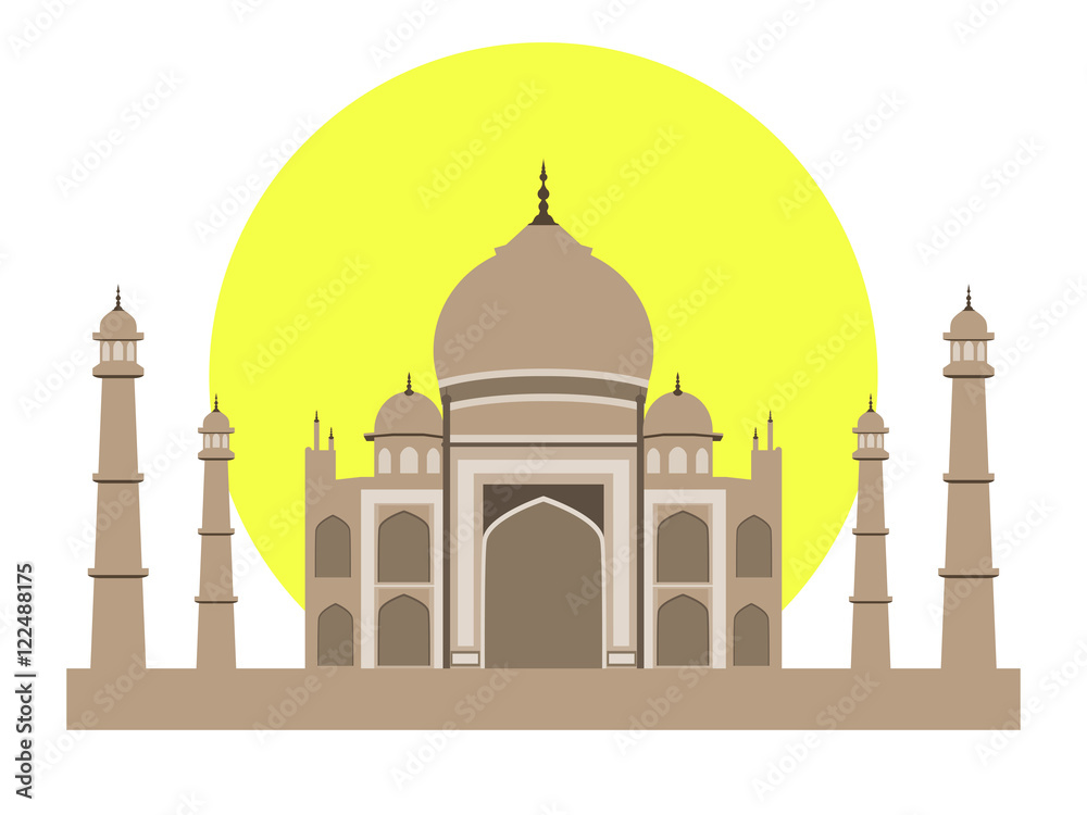 Taj Mahal flat style. Ancient Palace in India isolated on white background. Vector illustration.