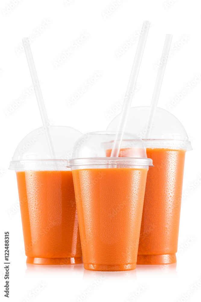 Carot juice in three size of cups - obrazy, fototapety, plakaty 