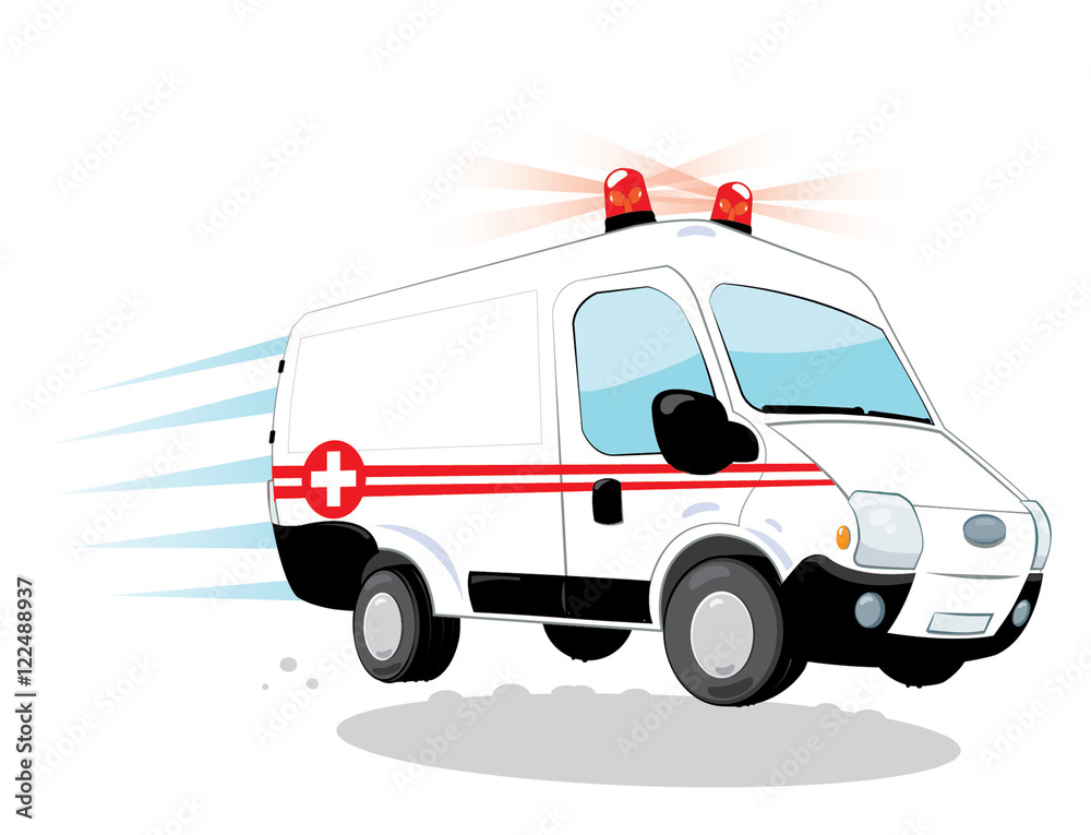 a vector cartoon representing a funny ambulance hurrying a vector cartoon representing a funny ambulance hurrying