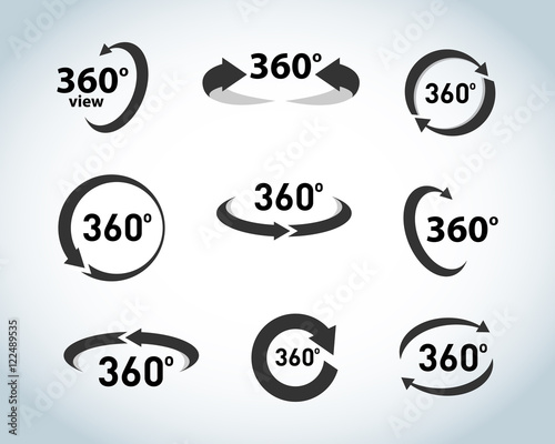 360 Degrees View flat Vector Icons. Black and white version. Isolated vector illustrations.