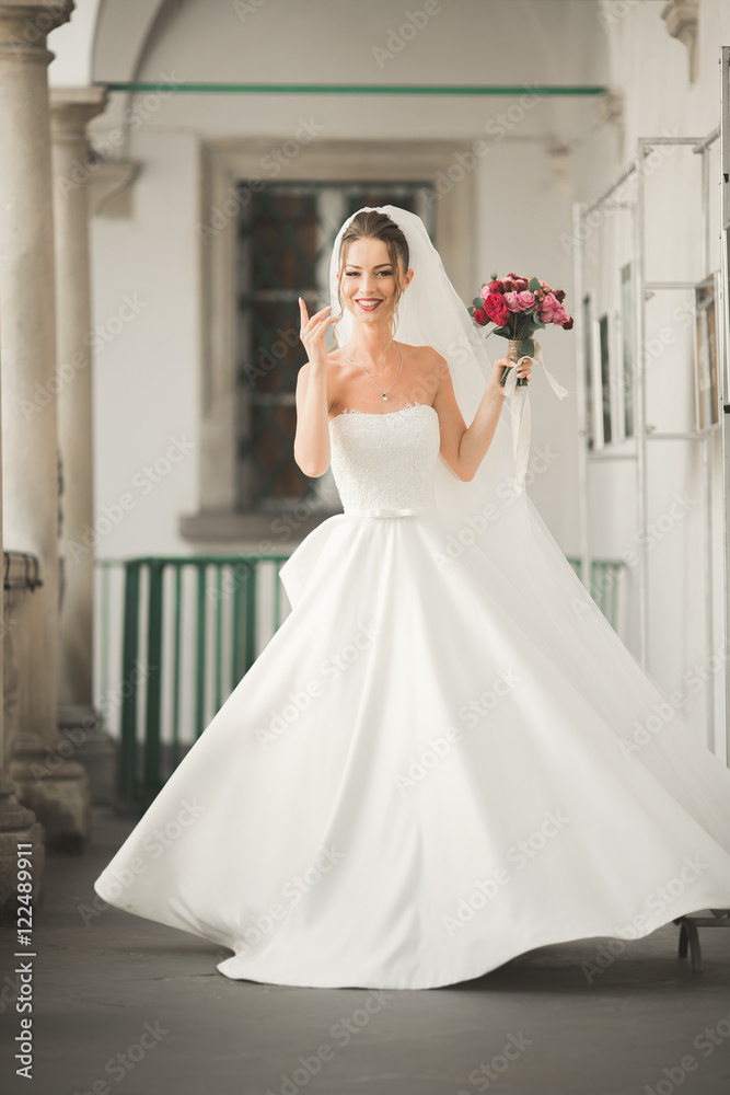 Wonderful bride with a luxurious white dress posing in the old town Wonderful bride with a luxurious white dress posing in the old town