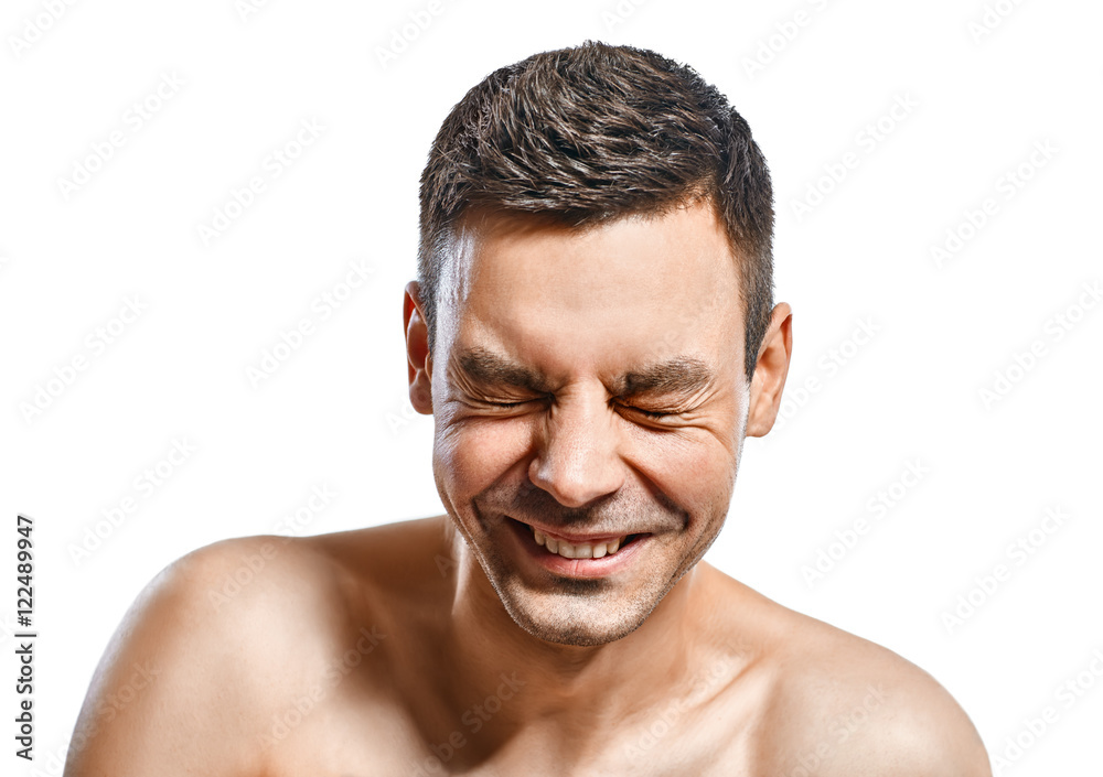 Closeup portrait of happy man isolated on white background Closeup portrait of happy man isolated on white background