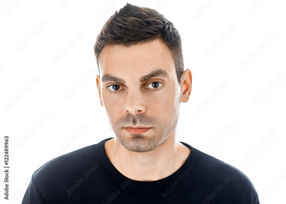 Closeup portrait of young handsome man isolated on white backgro Closeup portrait of young handsome man isolated on white backgro