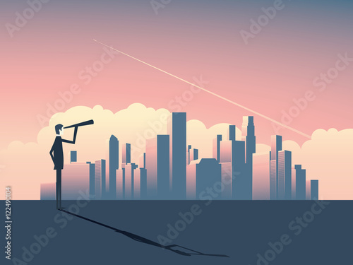 Businessman looking at cityscape with skyscrapers. Business concept of vision, strategy and goals.