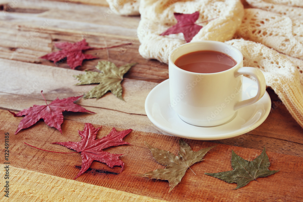 Cup of hot chocolate, autumn leaves and knitted sweater Cup of hot chocolate, autumn leaves and knitted sweater