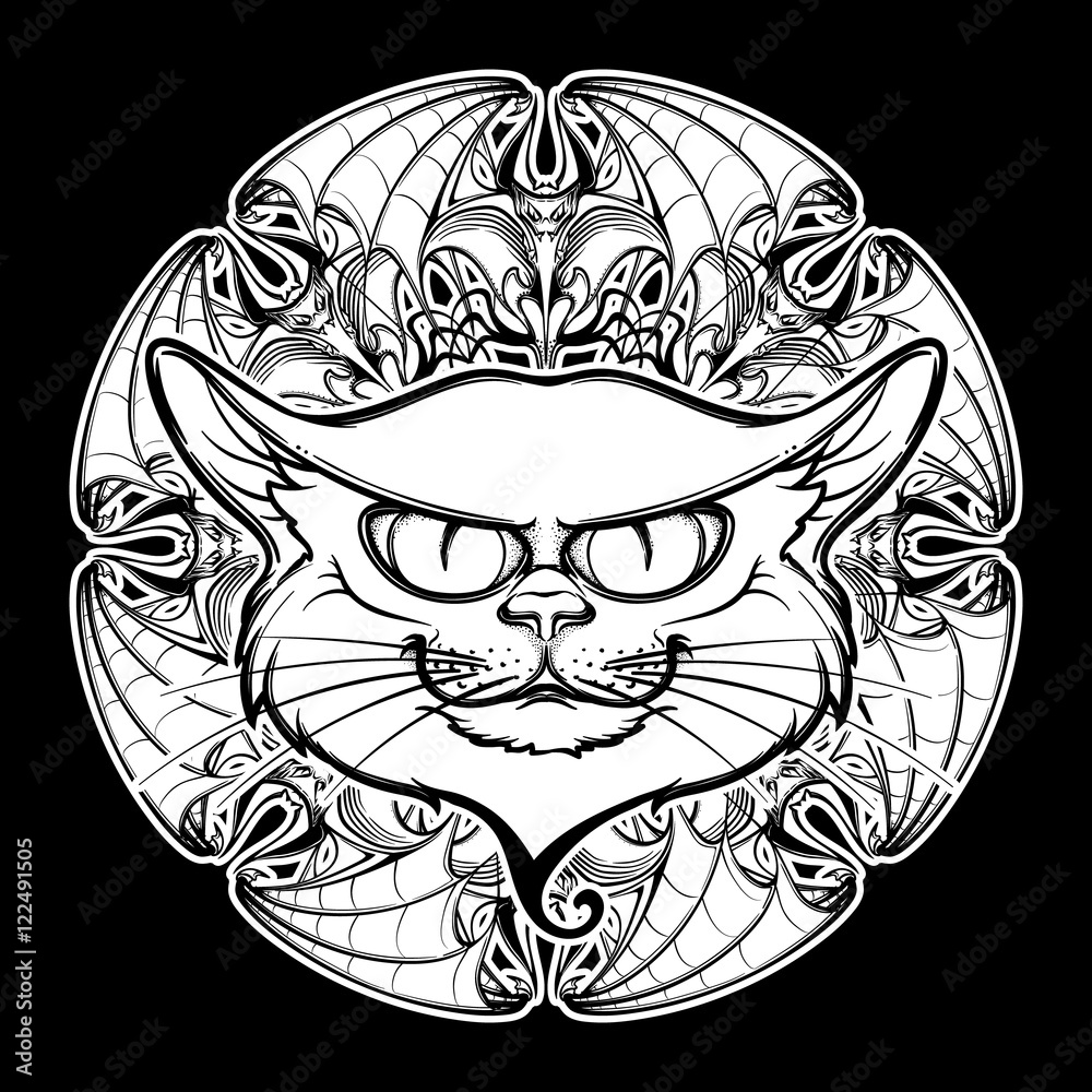 Fototapeta premium Black cat head on circular bat wings ornament