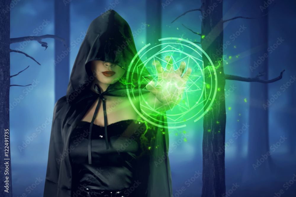 Asian witch woman with cloak showing green pentagram