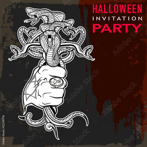 Hand holding a bunch of Snakes Halloween vintage card