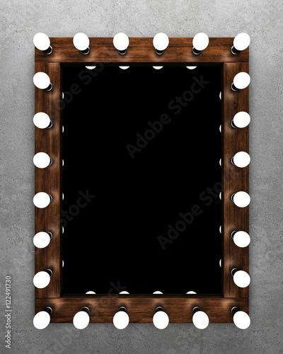 Wooden makeup mirror on concrete wall. 3D rendering