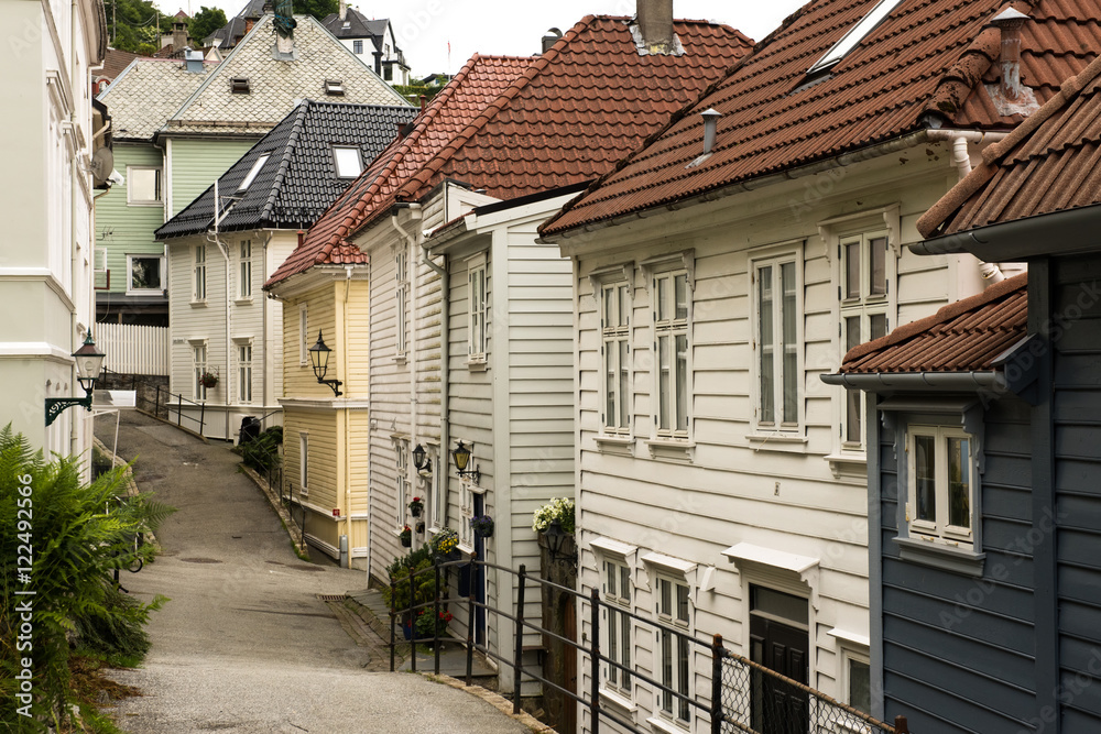 white wooden houses of centre Street Bergen Norway white wooden houses of centre Street Bergen Norway