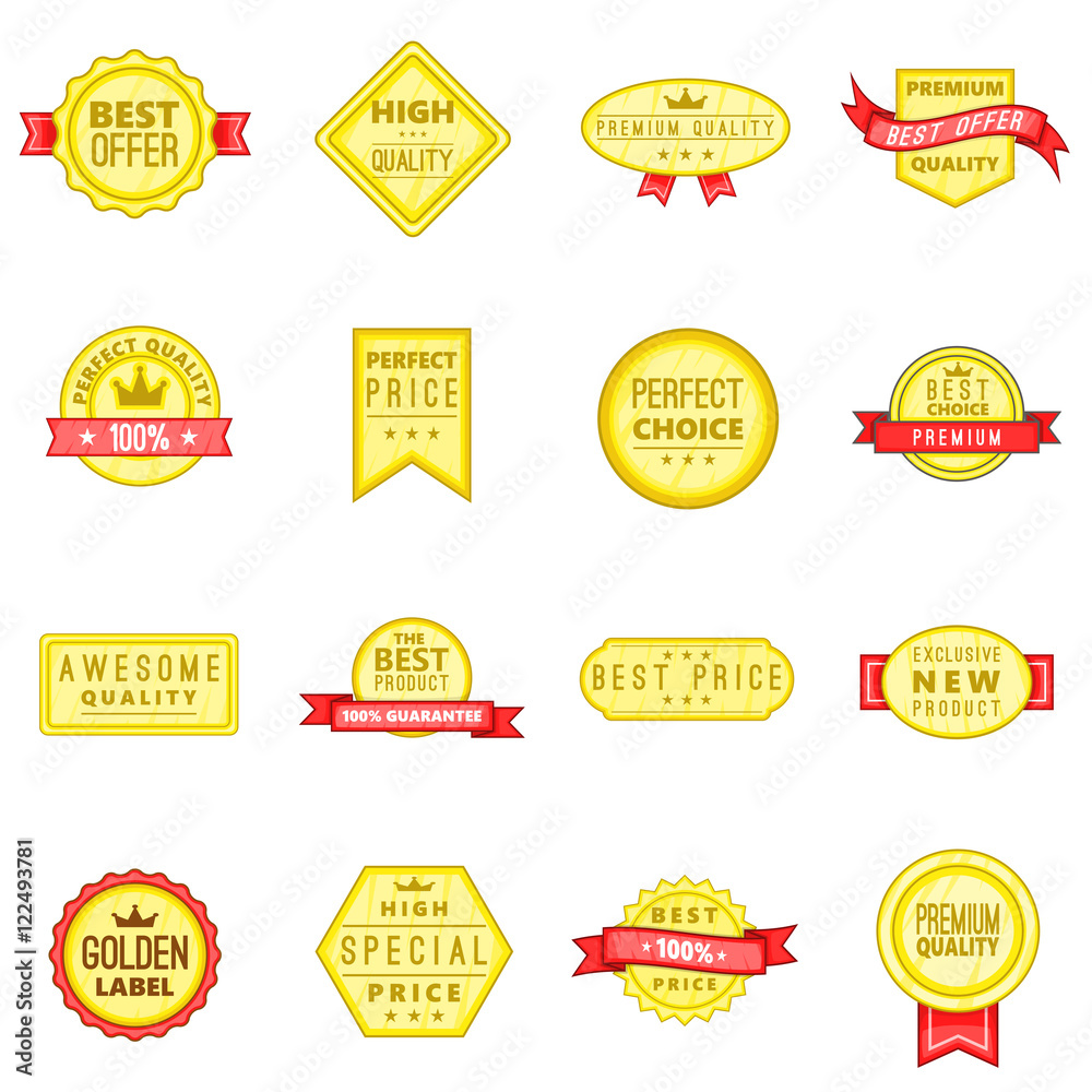 Retail label icons set in cartoon style. Premium quality stickers set collection vector illustration Retail label icons set in cartoon style. Premium quality stickers set collection vector illustration