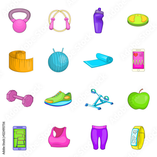 Healthy lifestyle icons set in cartoon style. fitness set collection vector illustration