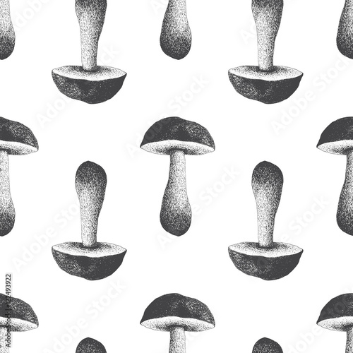 Foto Hand drawn birch bolete seamless pattern in black and white, edible forest mushroom, scaber stalk boletus woodcut, realistic vintage engraving
