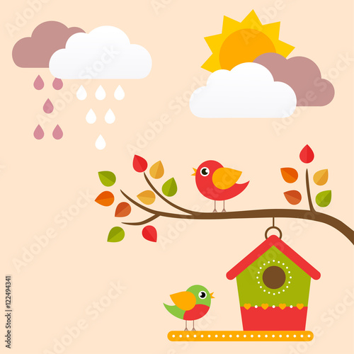 autumn birds and birdhouse on a branch vector