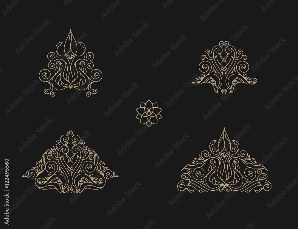 Arabic vector set of frames lines art design templates. Muslim gold outline elements and emblems Arabic vector set of frames lines art design templates. Muslim gold outline elements and emblems
