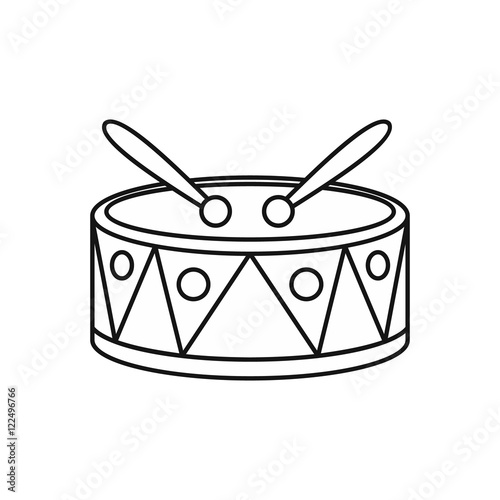 Drum with sticks icon in outline style isolated on white background. Musical instrument symbol vector illustration