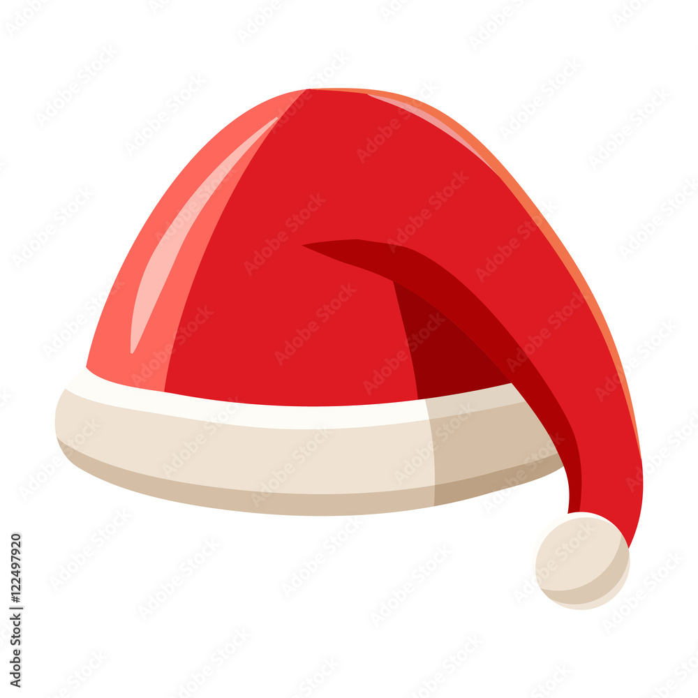 Christmas red hat with pompom of Santa Claus icon in cartoon style isolated on white background. Headdress symbol vector illustration Christmas red hat with pompom of Santa Claus icon in cartoon style isolated on white background. Headdress symbol vector illustration
