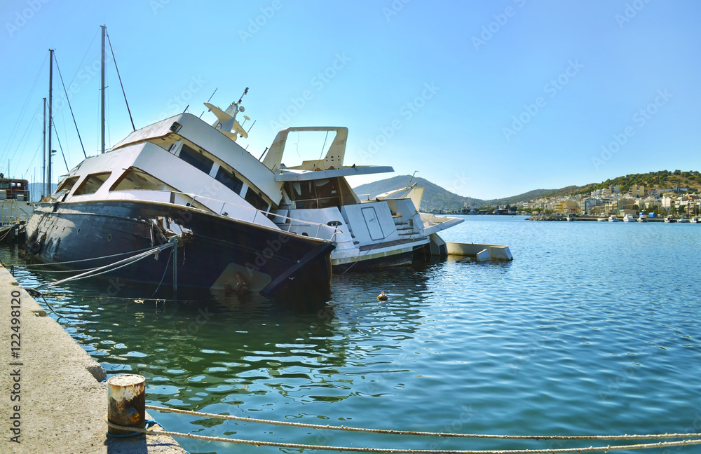 sunk boats at the port of Salamis Greece
