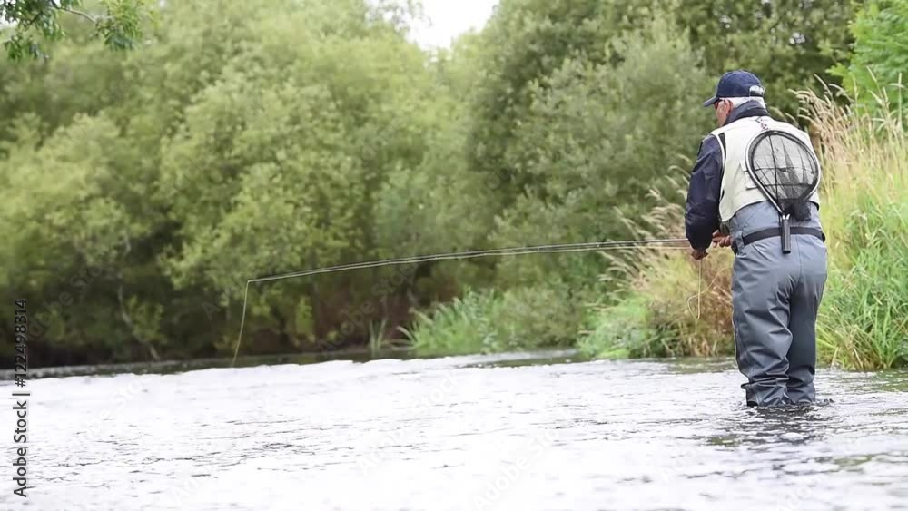 Fly-fisherman fishing in river Fly-fisherman fishing in river
