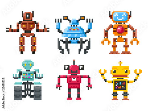 Pixel robots icons. 8 bit bots vector isolated set