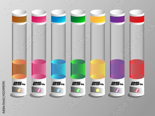 Colorful liquid in a glass tubes with 25 percent.