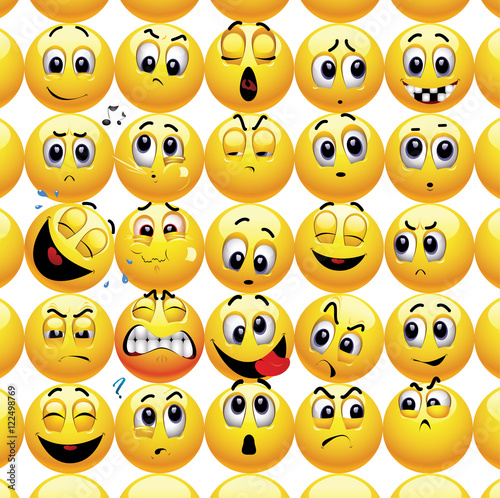 Smileys with different face expression stuck with each other in a group.