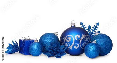 Group of blue christmas balls isolated on white background