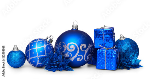 Group of blue christmas balls isolated on white background