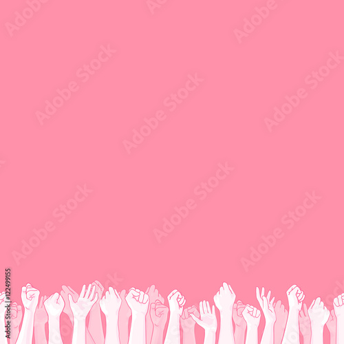 Pink background with seamless border with raised hands of many people, support symbol. Vector hand drawn illustration, design element for October, National Breast Cancer Awareness Month