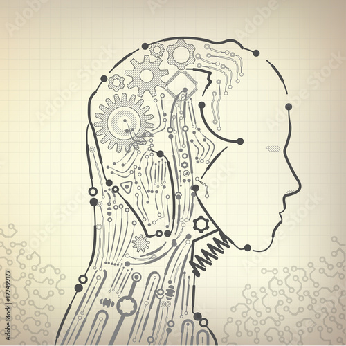 graphic design of buleprint of A.I. invention; robot in drawing style; electronic diagram of humanoid; abstract technology theme