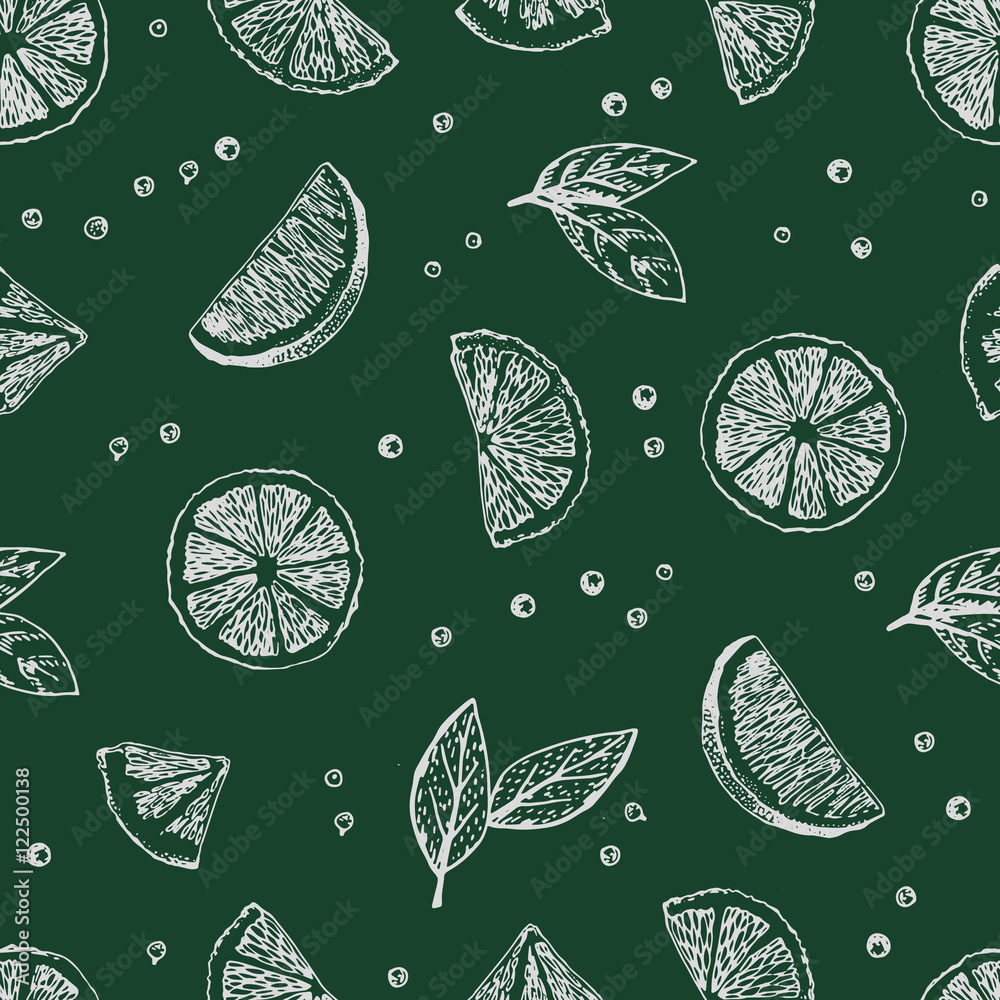 Fotografie Seamless vector pattern with hand drawn pieses of lime.