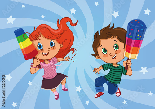 Happy kids with their popsicles  Vector illustration 