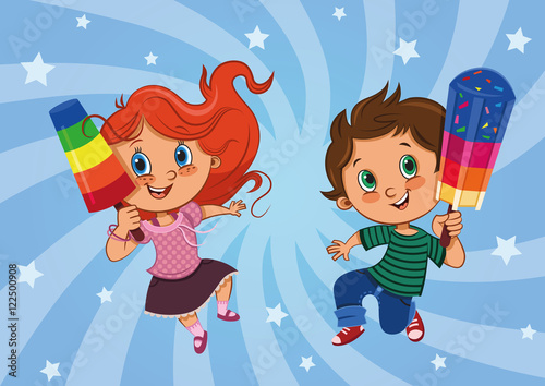 Happy kids with their popsicles (Vector illustration)