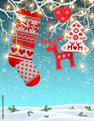 Red knitted christmas stocking with some scandinavian traditional decorations hanging on branches,  decorative electric lights in front of simple winter landscape, illustration