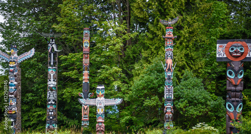 Totem poles in Stanley Park,Vancouver at summer